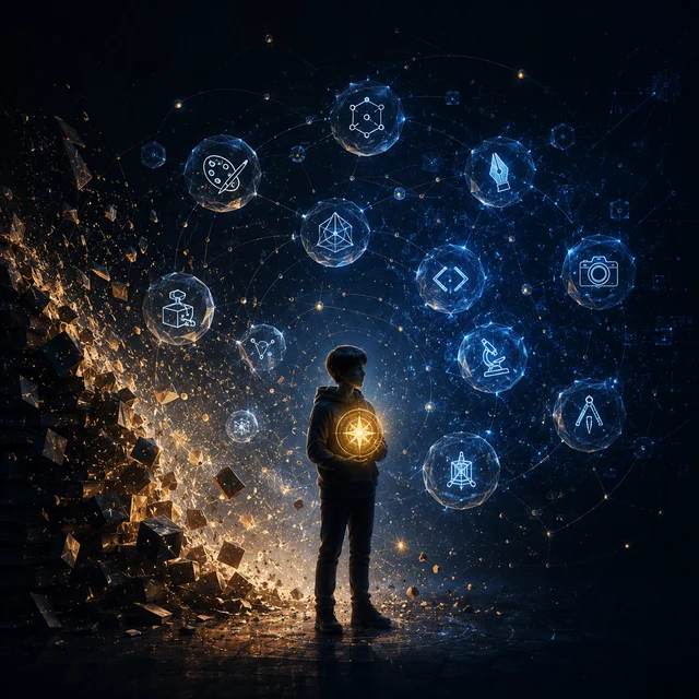 成为·能力的累积正在坍塌：少年被各种技能的光球环绕，能力从慢慢积累变为随取随用的调用编排